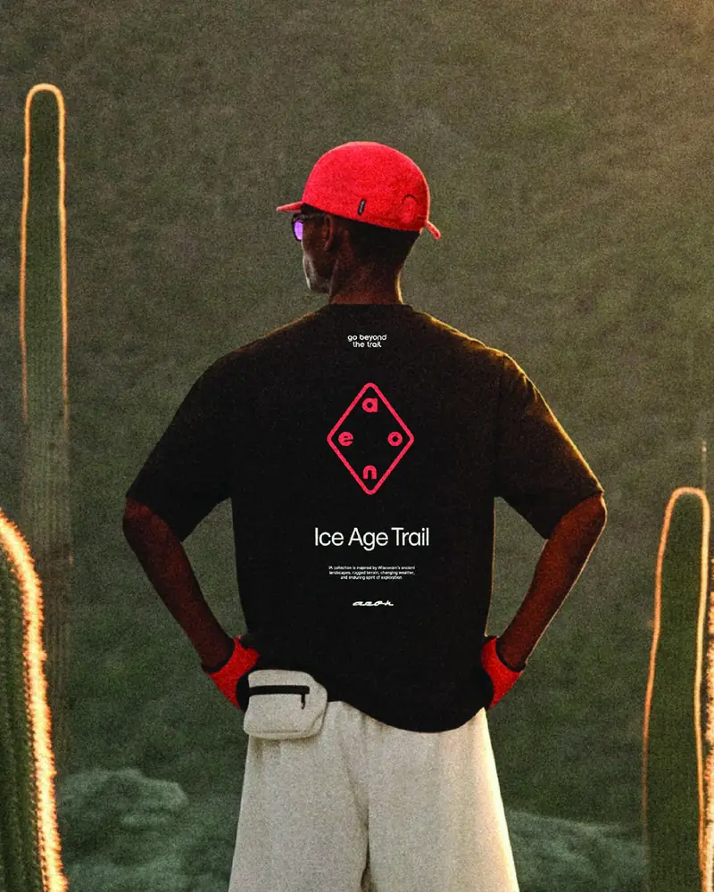 Back of the black AEON® Ice Age Trail tee with a red diamond print