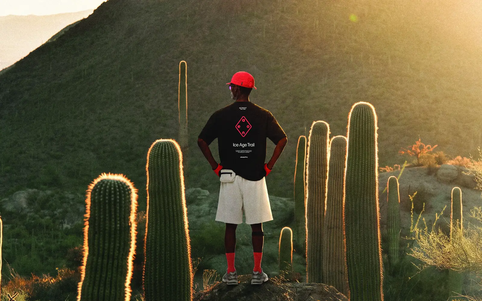 Back view of the black AEON® Ice Age Trail tee with a red diamond print