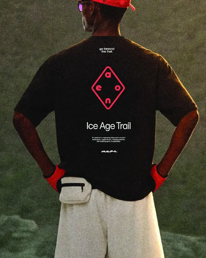 Back view of the black AEON® Ice Age Trail tee with a red diamond print